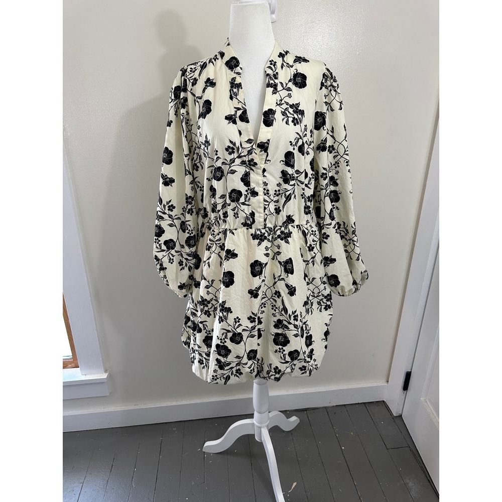HM Women Black White Floral Cotton Balloon Sleeve Mini Dress Large O/N 232043
